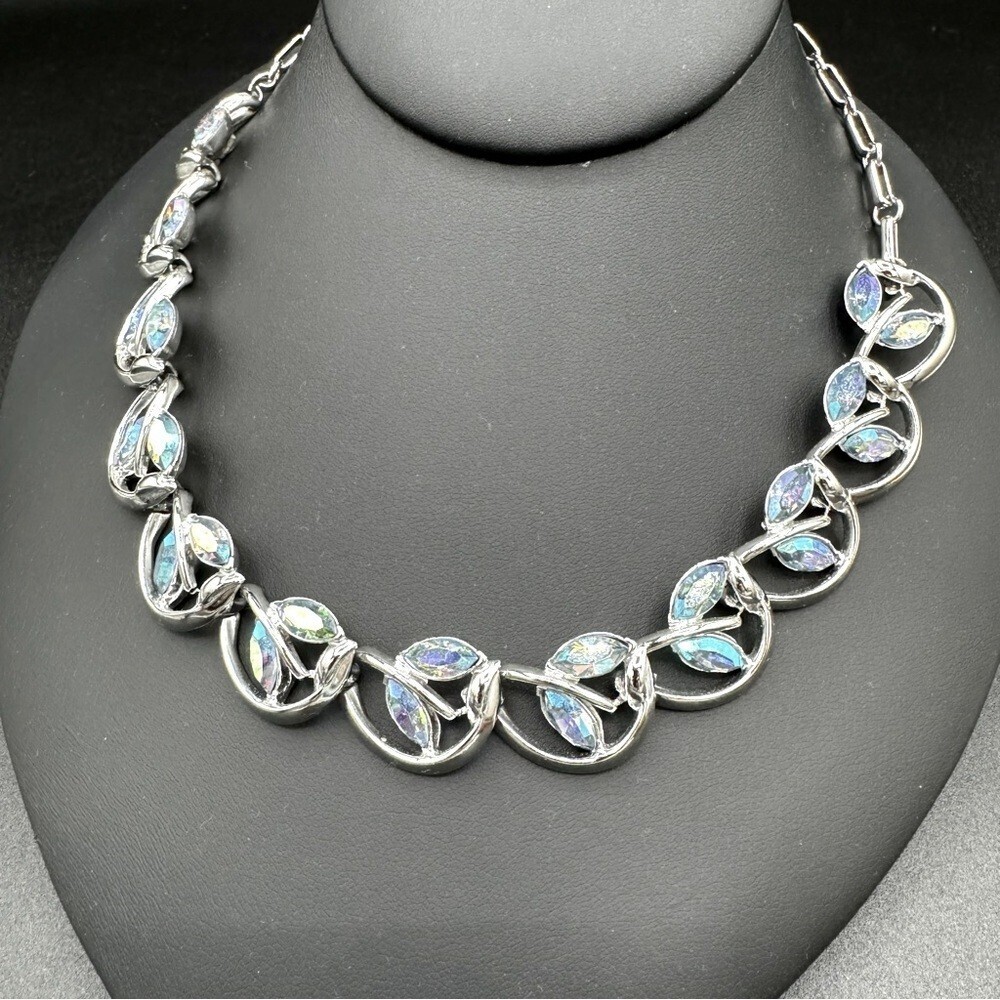 Vintage 1960s Coro Aurora Borealis Rhinestone Necklace - Blue Shimmer Necklace